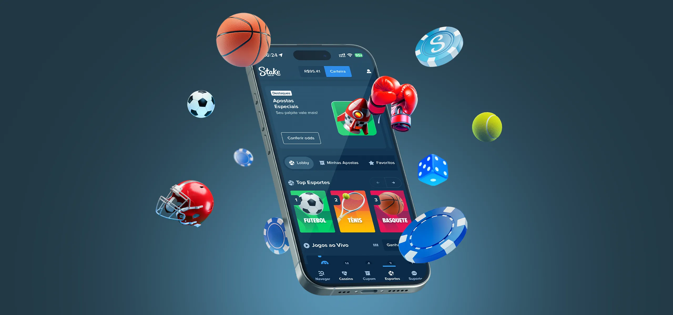 App da Stake em um celular — apostas esportivas e cassino